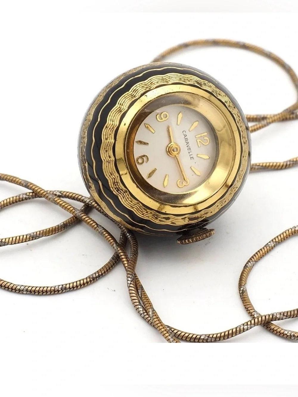 Vintage Black enamel and Gold Pendant Watch Necklace